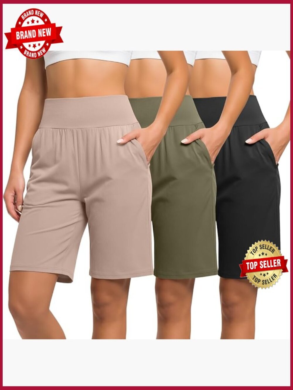 3 Pack High Waist Bermuda Shorts with Pockets